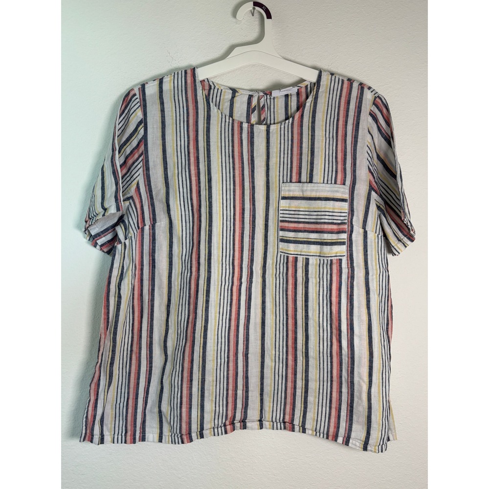 Liz Claiborne Striped Short Sleeve Pocket Blouse Multi-Color XL